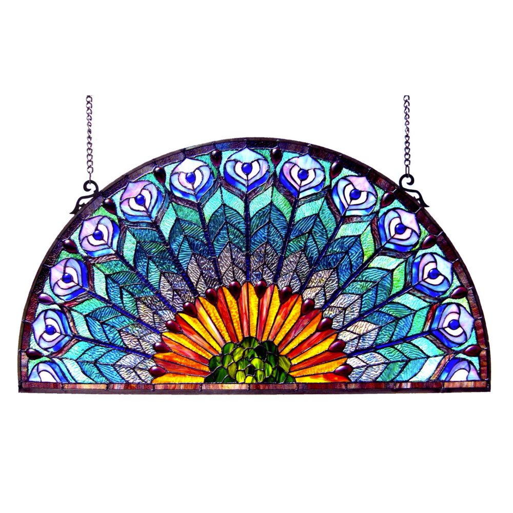 REGAL EUDORA Tiffany-style Peacock Feather Glass Window Panel 35x18. The main picture.
