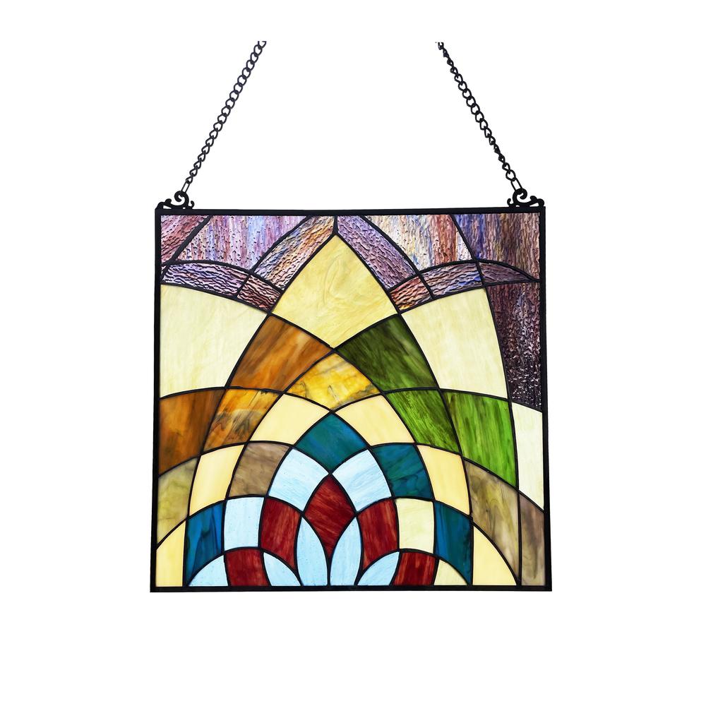 KALEIDOSCOPE Geometric-Style Black Finish Stained Glass Window Panel  16" Tall. Picture 1