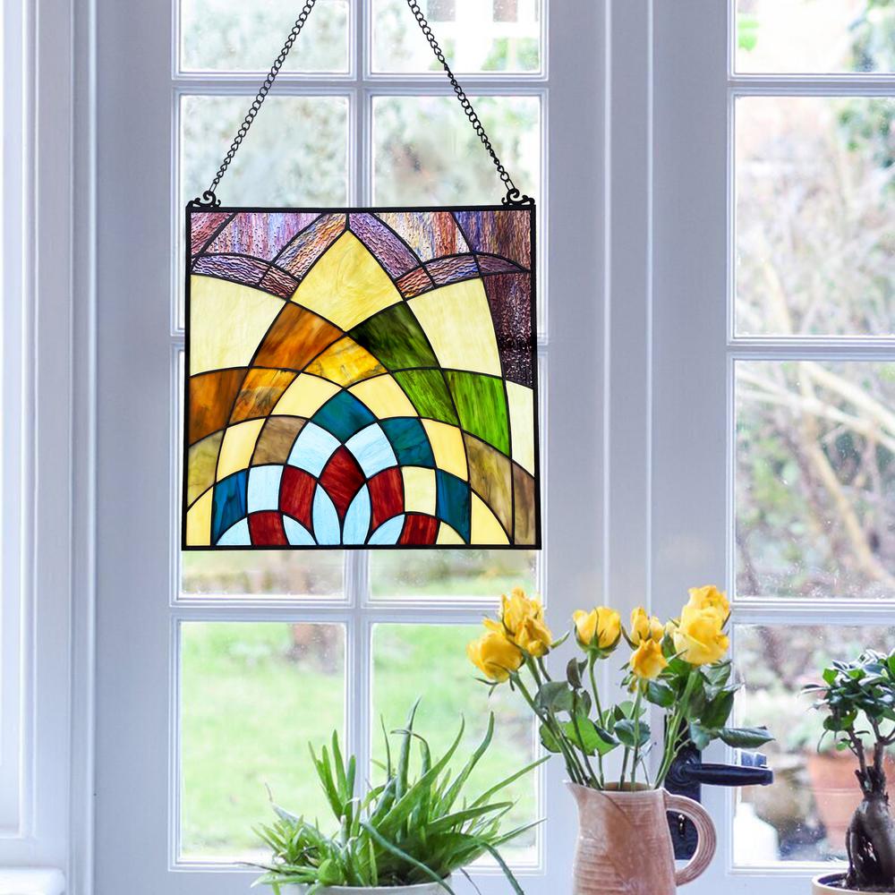 KALEIDOSCOPE Geometric-Style Black Finish Stained Glass Window Panel  16" Tall. Picture 5