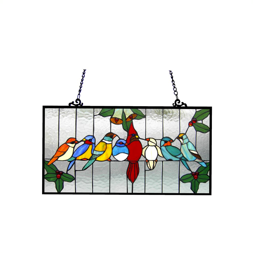 AVES Tiffany-glass Gathering Birds Window Panel 24.5x12.5. Picture 1