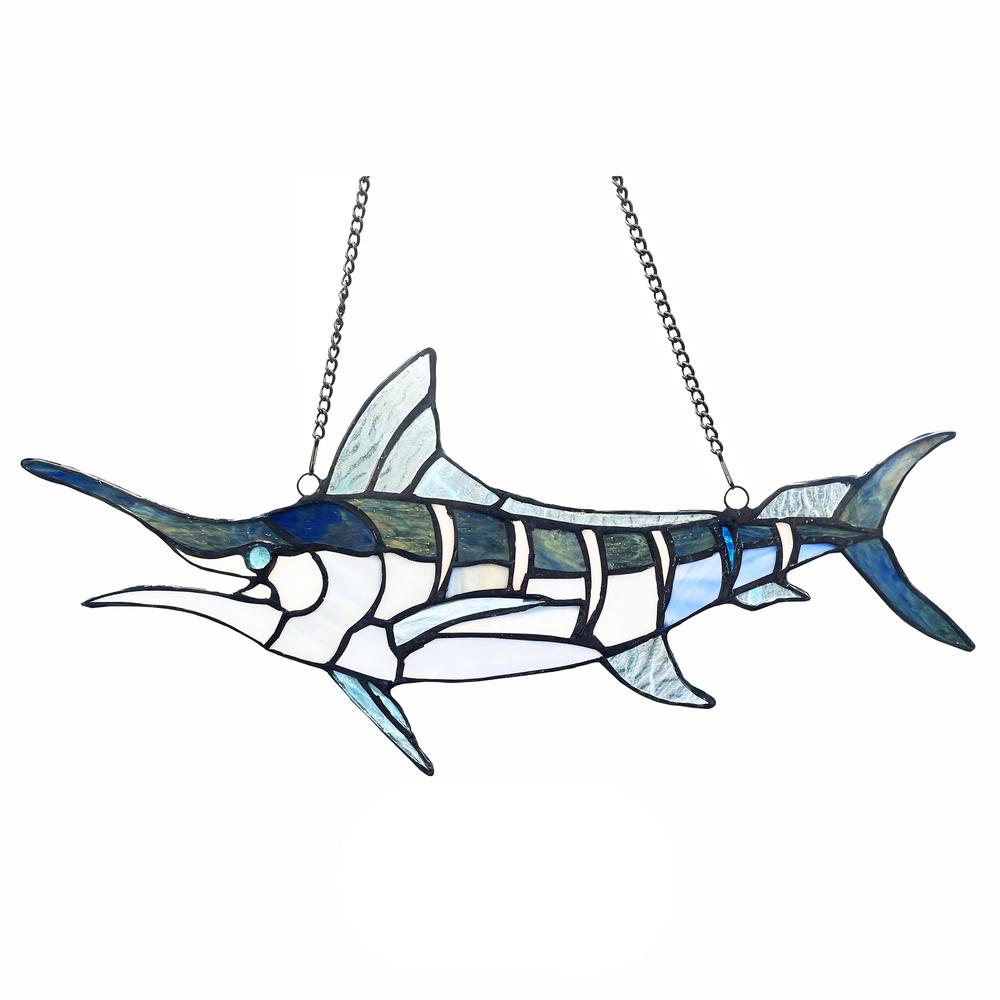CHLOE Lighting SWORDFISH Animal-Style Stained Glass Window Panel 16" Wide. Picture 1