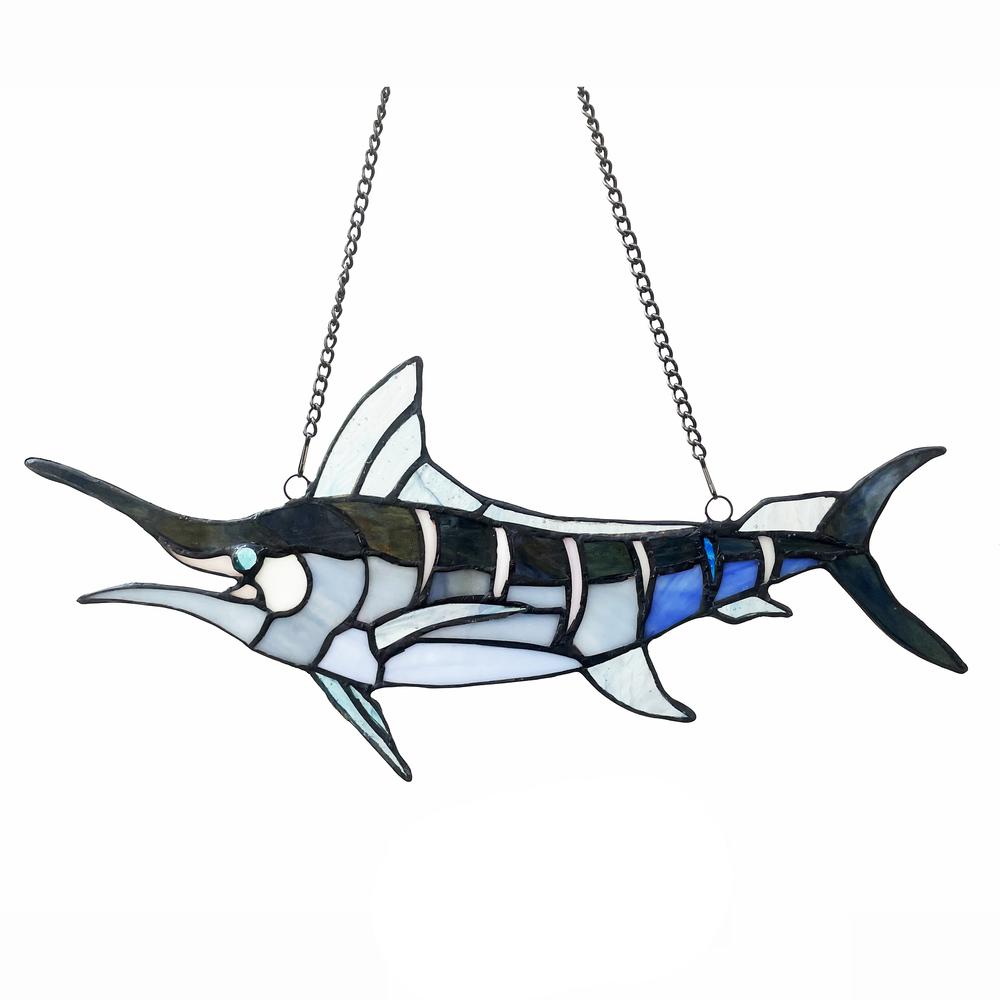 CHLOE Lighting SWORDFISH Animal-Style Stained Glass Window Panel 16" Wide. Picture 2