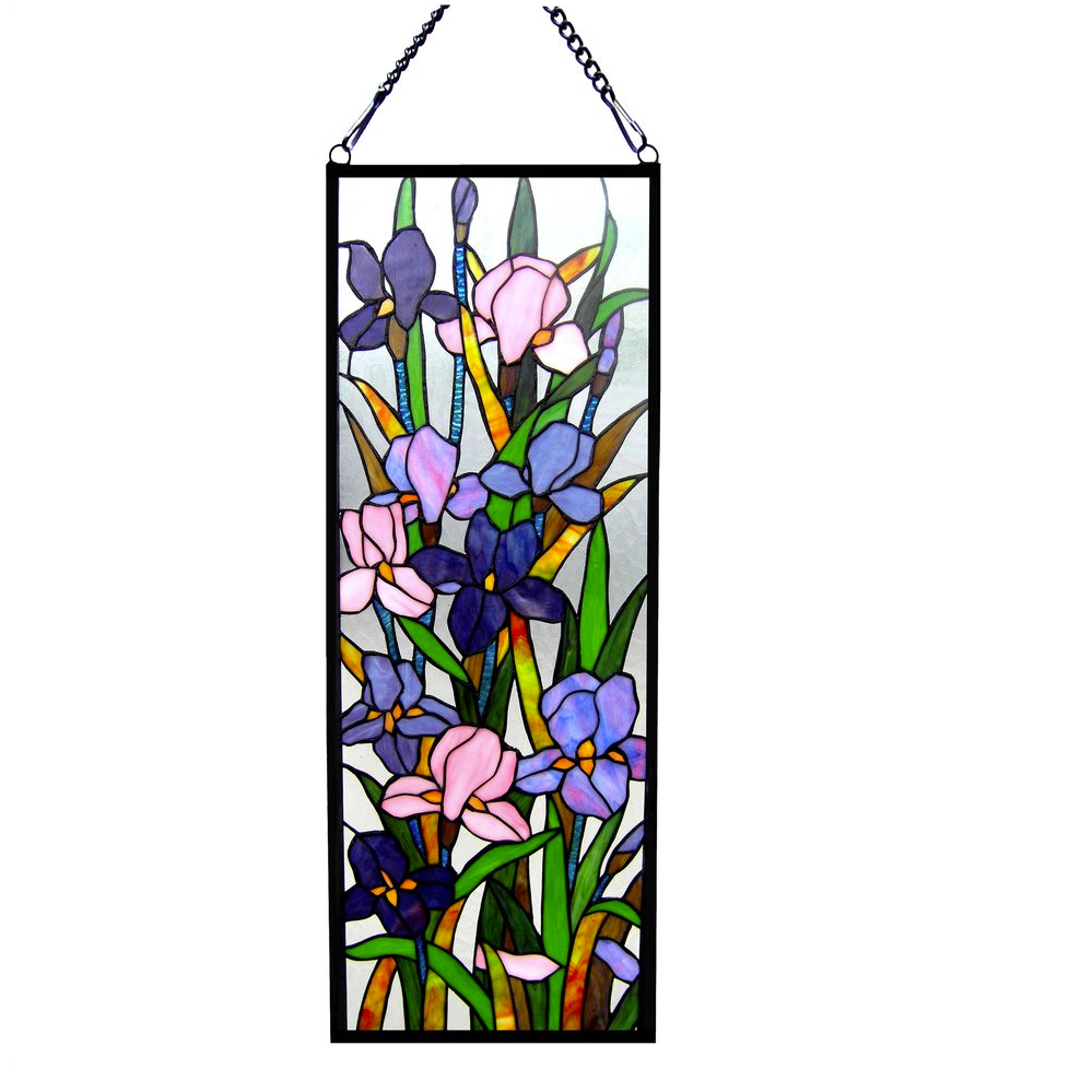 SORORIA Tiffany-glass Iris Design Window Panel 11.5x31.5. Picture 1