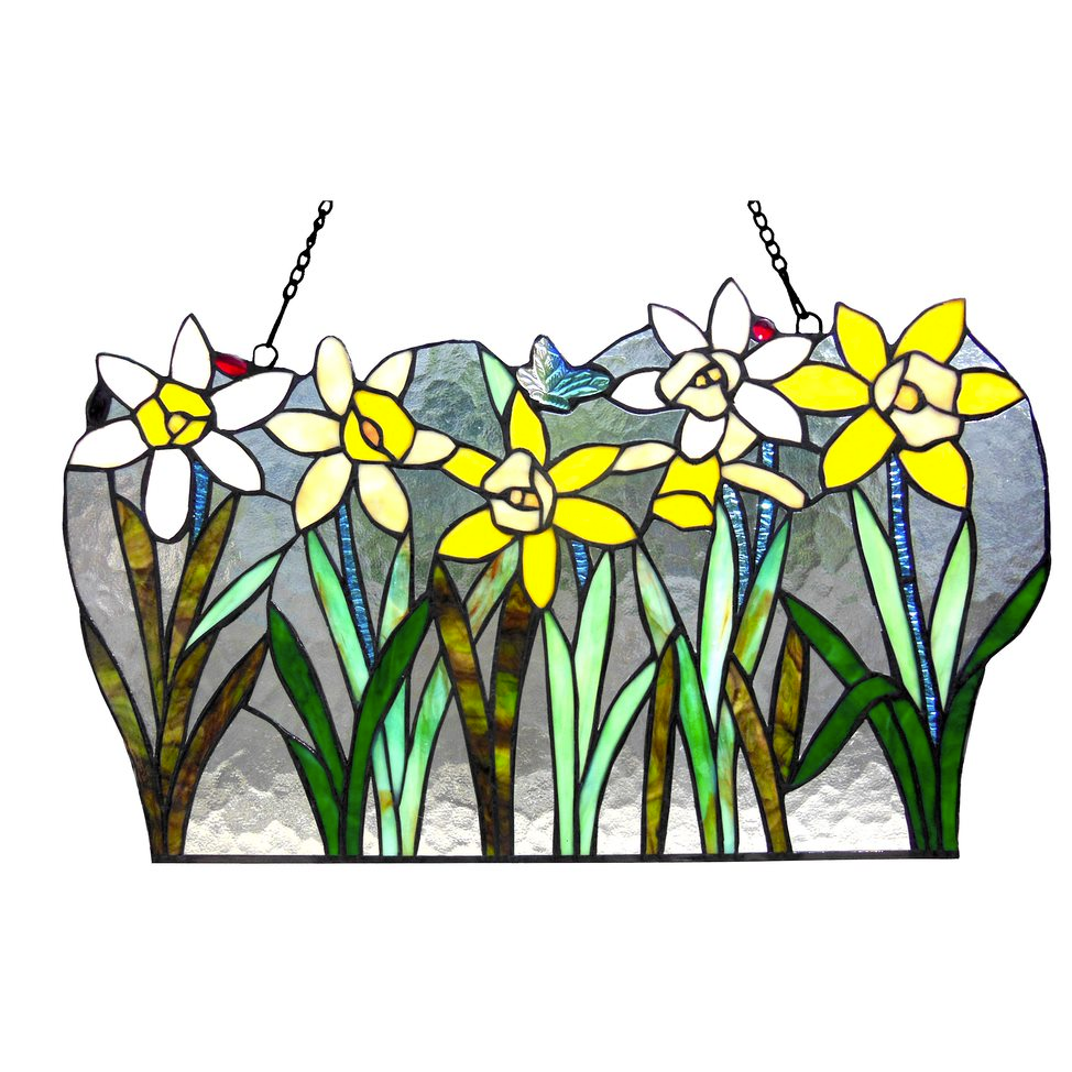 DAISY Tiffany-glass Flowers Window Panel 23" Wide. Picture 1