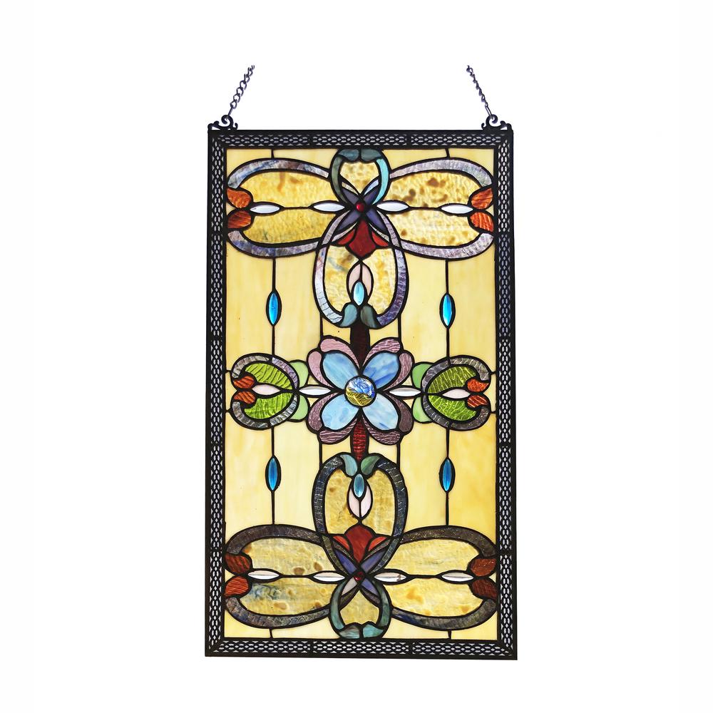 CHLOE Lighting JENICE Tiffany-Style Victorian Stained-Glass Window Panel 26" Height. Picture 1