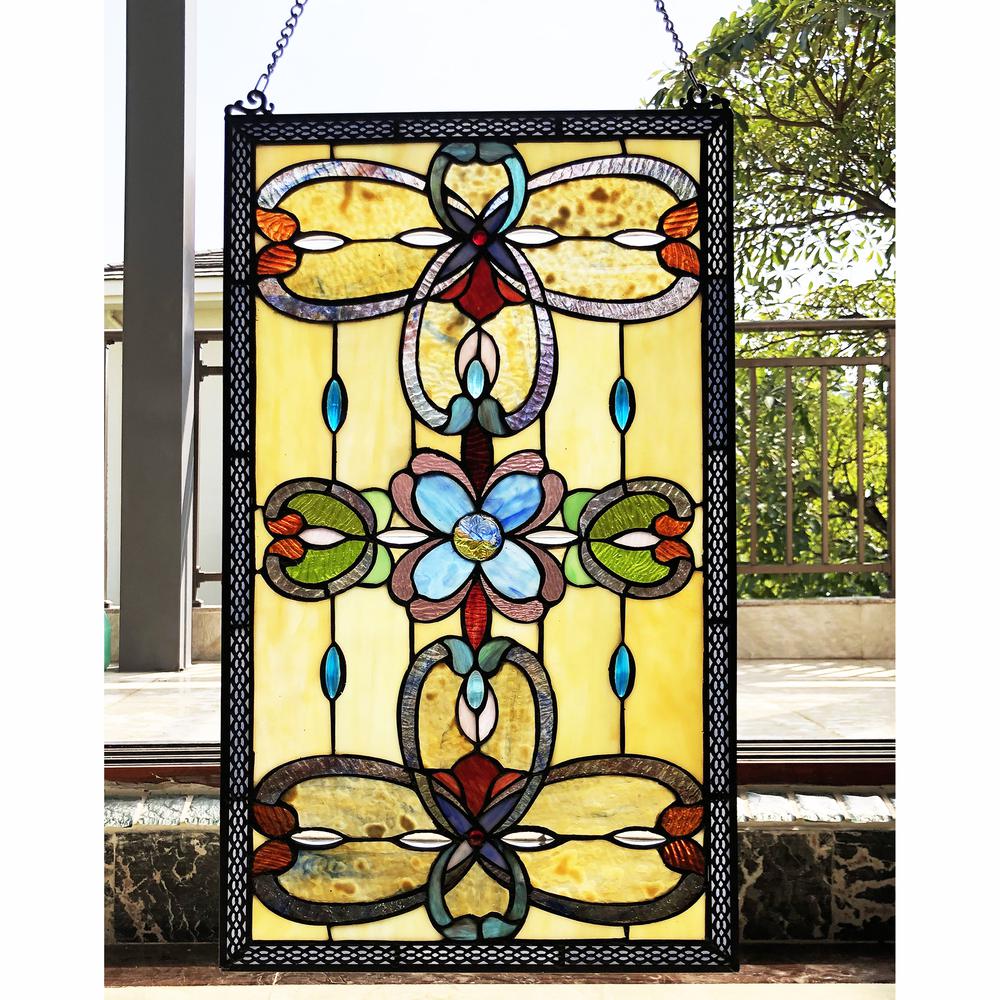 CHLOE Lighting JENICE Tiffany-Style Victorian Stained-Glass Window Panel 26" Height. Picture 3