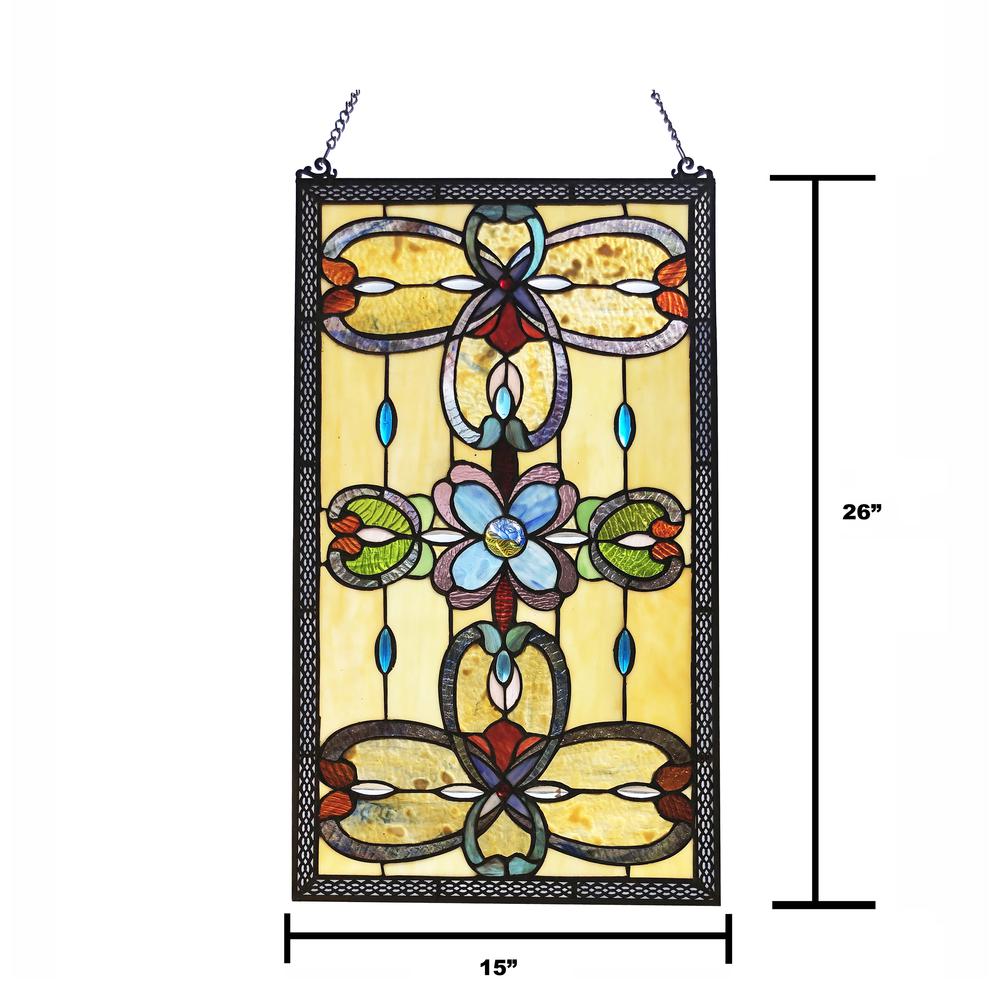 CHLOE Lighting JENICE Tiffany-Style Victorian Stained-Glass Window Panel 26" Height. Picture 4