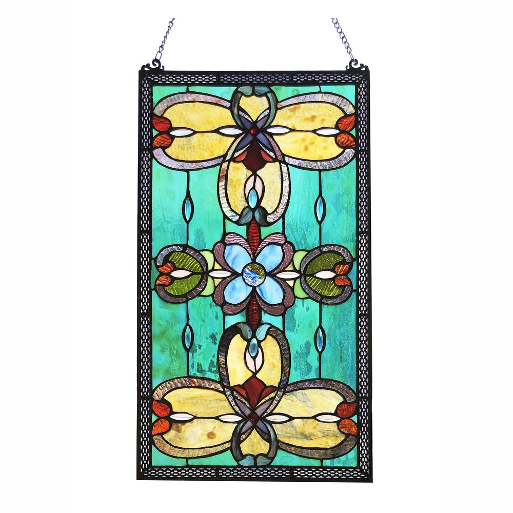 CHLOE Lighting JENICE Tiffany-Style Victorian Stained-Glass Window Panel 26" Height. Picture 1