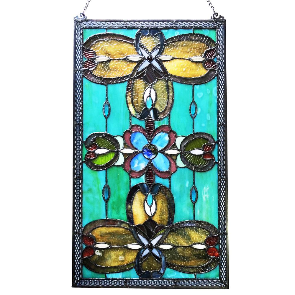 CHLOE Lighting JENICE Tiffany-Style Victorian Stained-Glass Window Panel 26" Height. Picture 2
