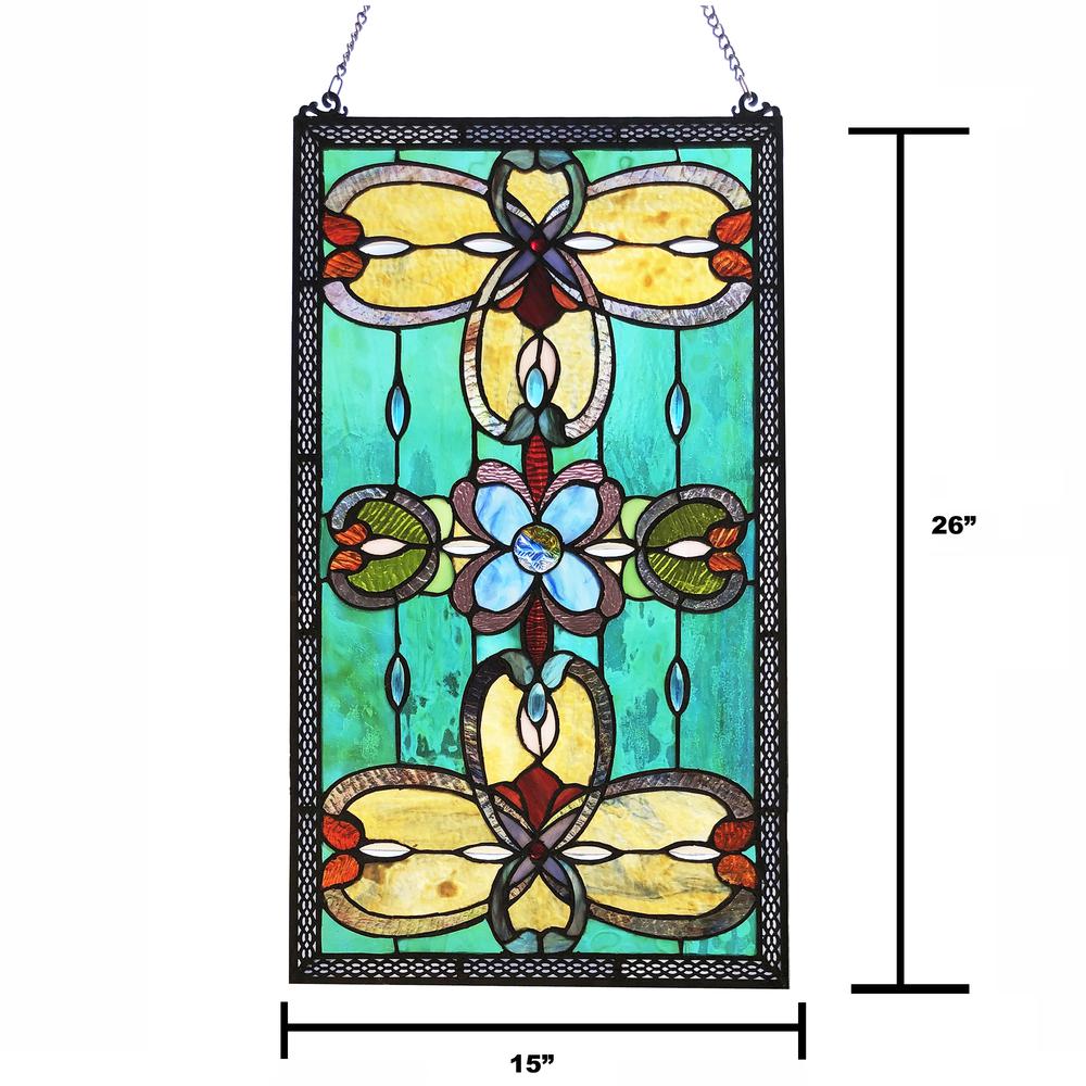 CHLOE Lighting JENICE Tiffany-Style Victorian Stained-Glass Window Panel 26" Height. Picture 4