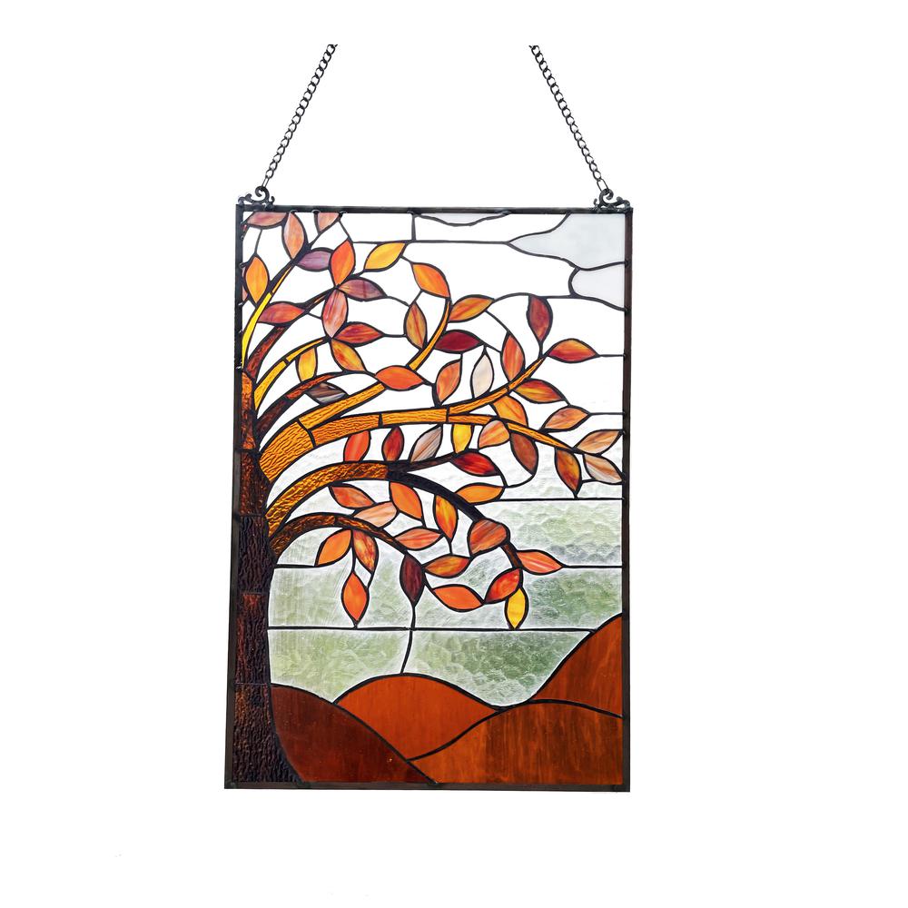 AUTUMNAL Floral-Style Black Finish Stained Glass Window Panel  24" Tall. Picture 5