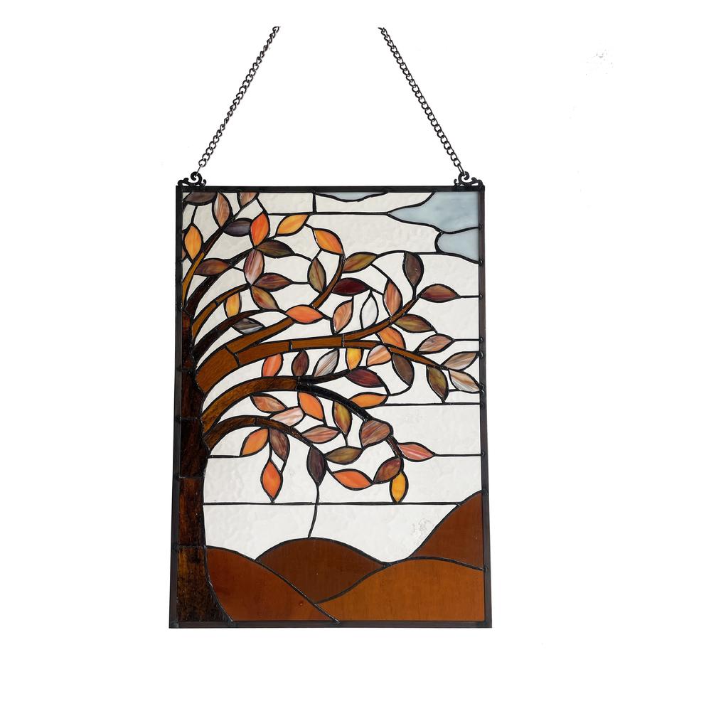 AUTUMNAL Floral-Style Black Finish Stained Glass Window Panel  24" Tall. Picture 6