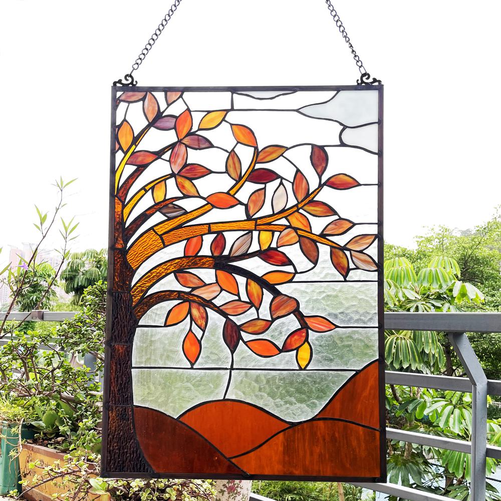 AUTUMNAL Floral-Style Black Finish Stained Glass Window Panel  24" Tall. Picture 2