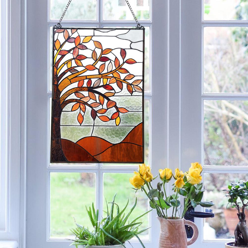 AUTUMNAL Floral-Style Black Finish Stained Glass Window Panel  24" Tall. Picture 3