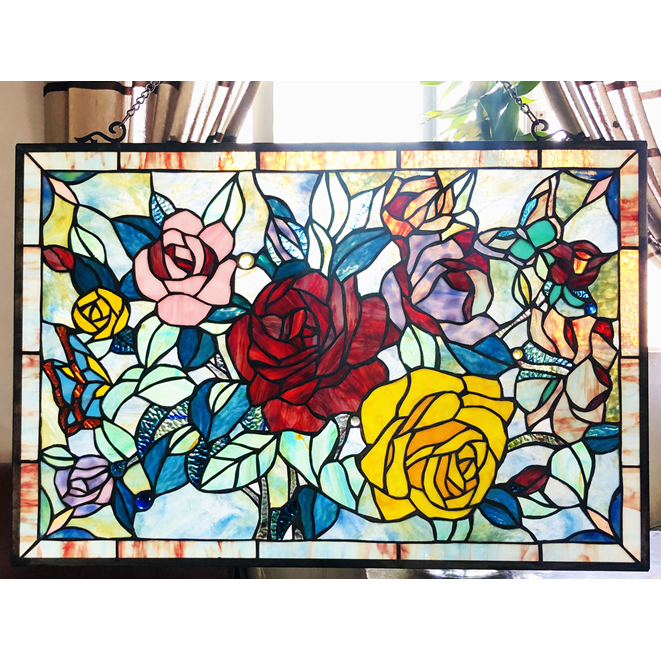 CHLOE Lighting SUNSPRITE Tiffany-Style Floal Stained Glass Window Panel 27" Width. Picture 2