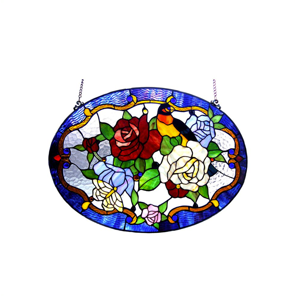 ALYSSA Tiffany-glass Roses/Bird Window Panel 24x18. Picture 1
