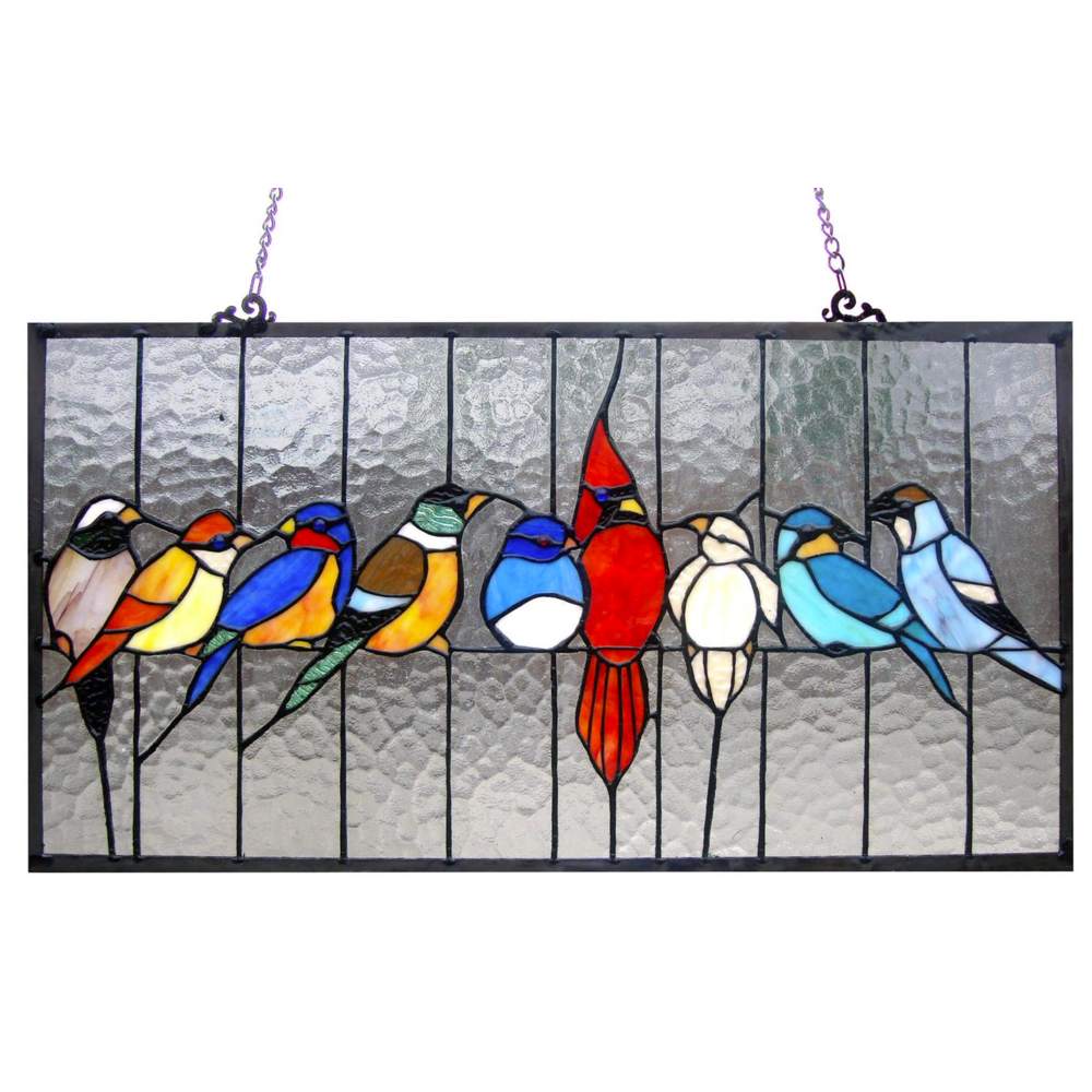 Tiffany-glass featuring Birds in the Cage Window Panel 24.5x13. Picture 1