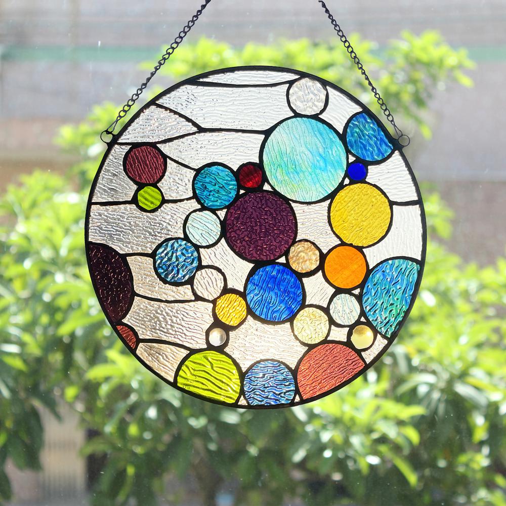 CHLOE Lighting BUBBLES Geometric-Style Stained Glass Window Panel 13" Wide. Picture 5