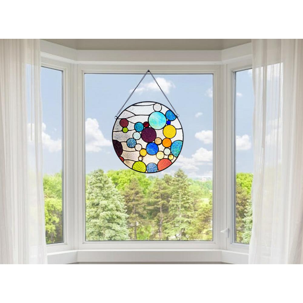 CHLOE Lighting BUBBLES Geometric-Style Stained Glass Window Panel 13" Wide. Picture 6
