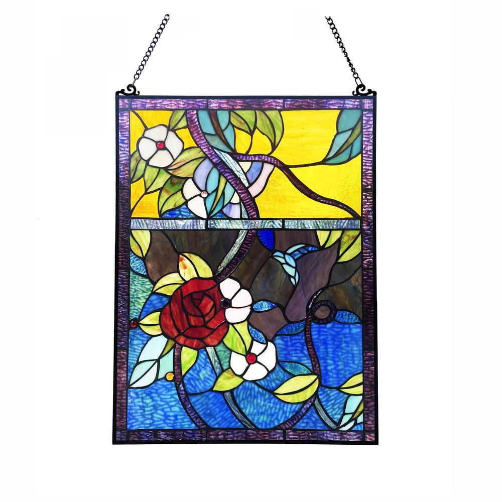 Rose Floral-Style Black Finish Stained Glass Window Panel 24" Tall. Picture 1