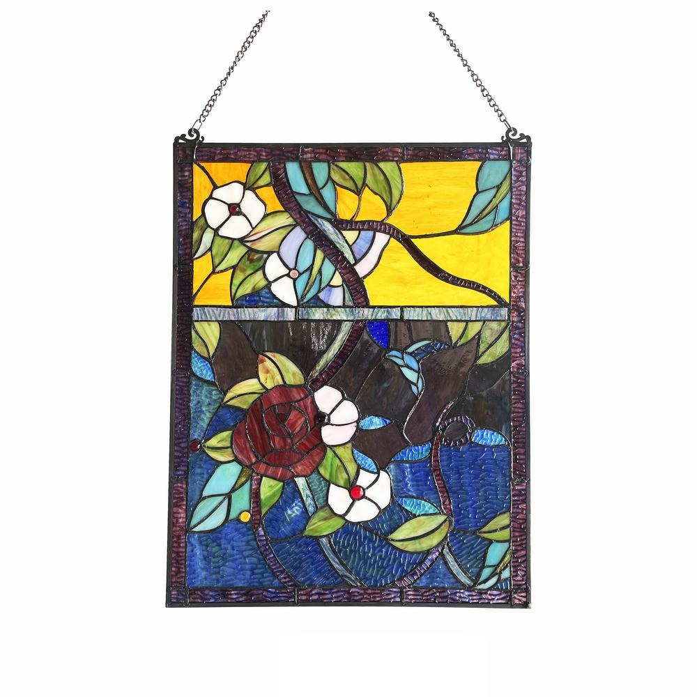 Rose Floral-Style Black Finish Stained Glass Window Panel 24" Tall. Picture 2