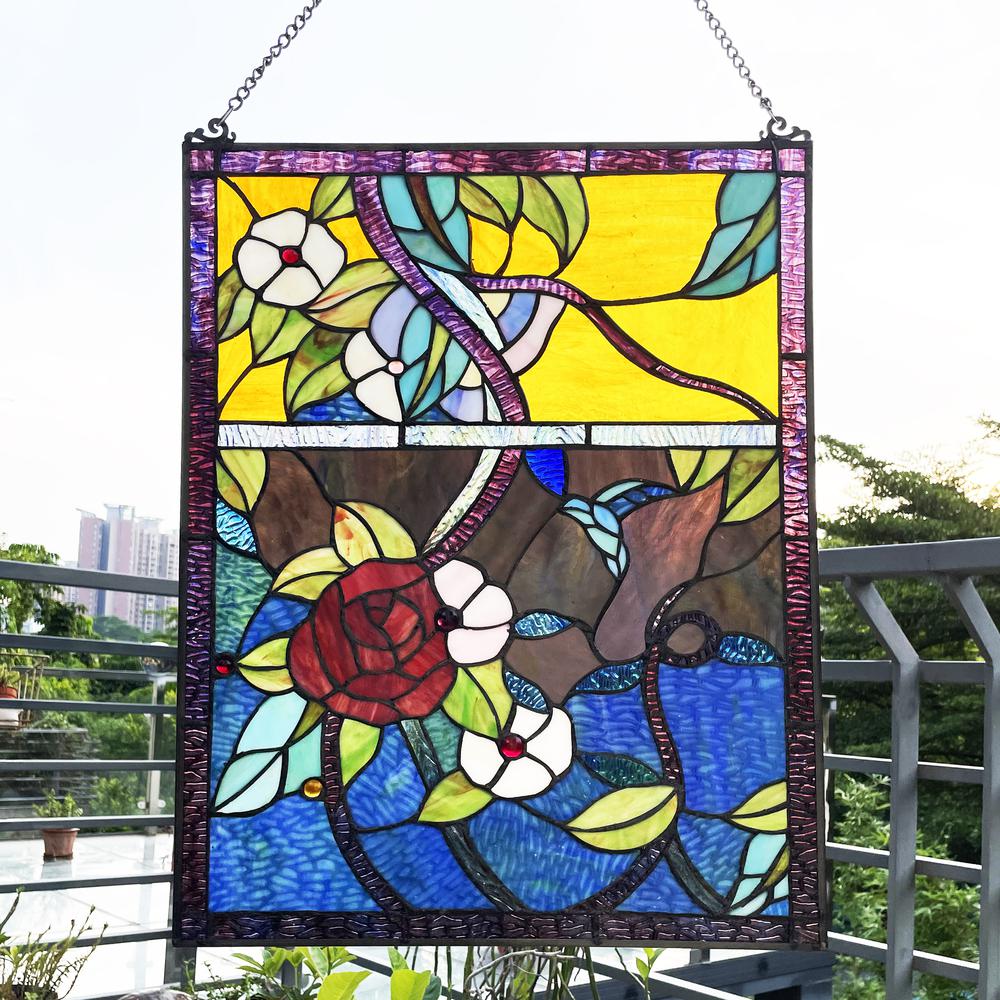 Rose Floral-Style Black Finish Stained Glass Window Panel 24" Tall. Picture 4