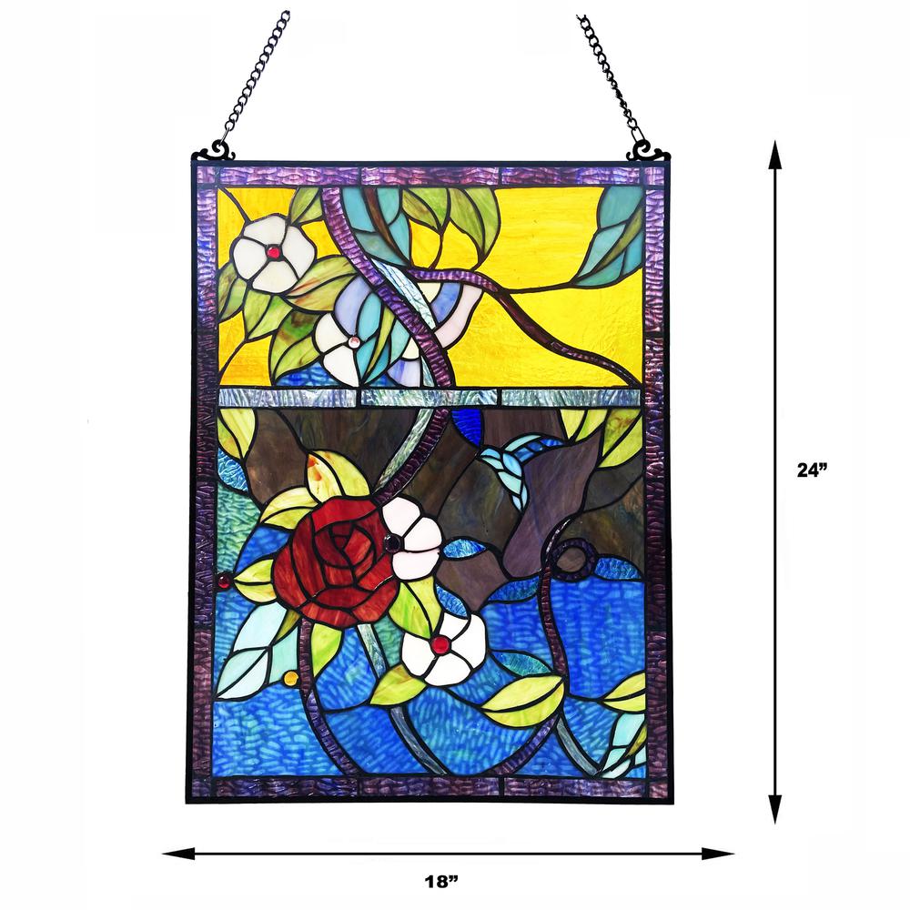 Rose Floral-Style Black Finish Stained Glass Window Panel 24" Tall. Picture 3