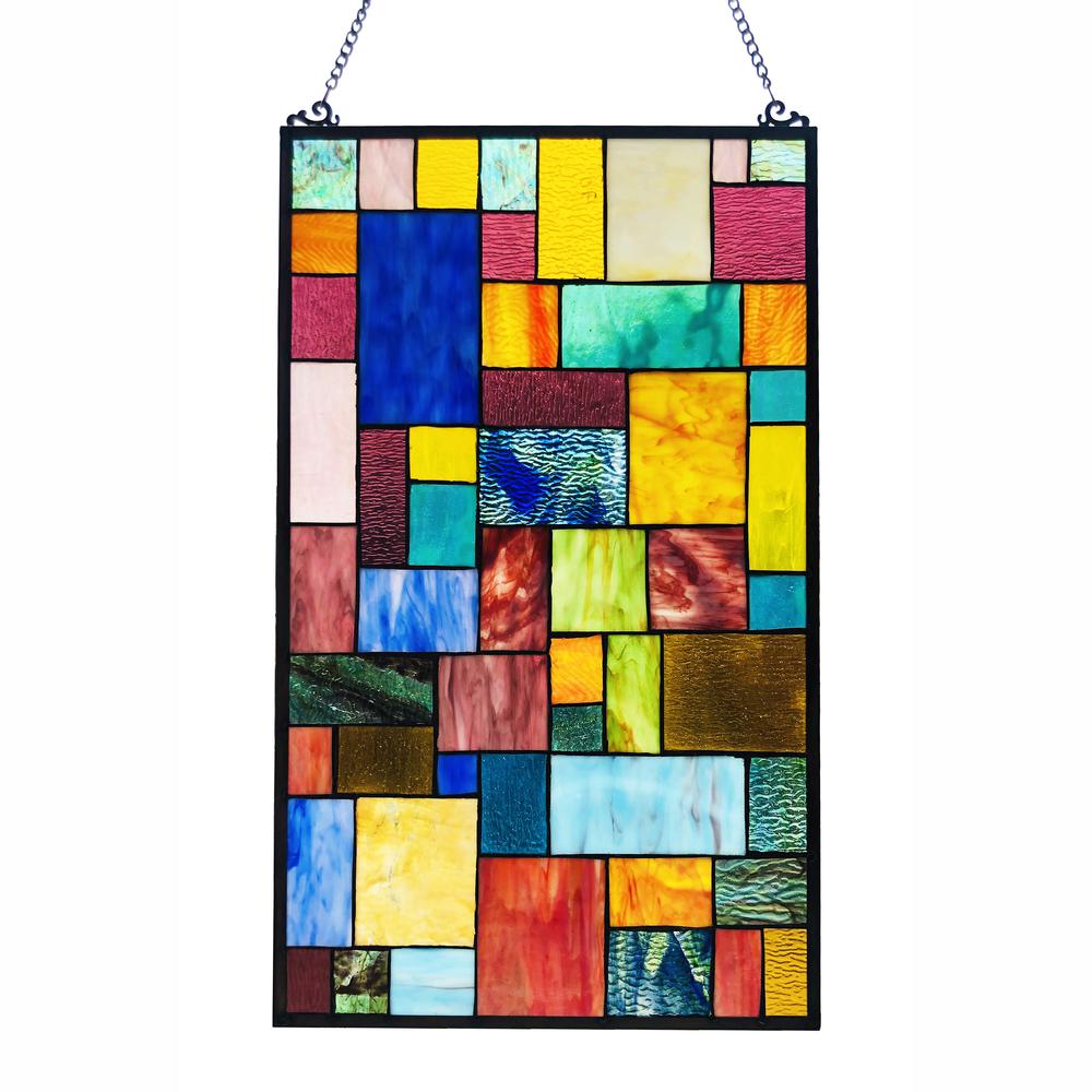CHLOE Lighting VERNA Tiffany-Style Geometric Stained Glass Window Panel 25" Height. Picture 1