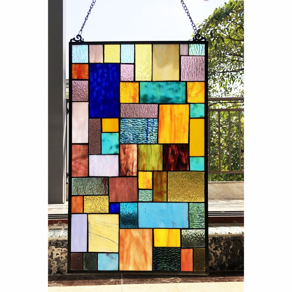 CHLOE Lighting VERNA Tiffany-Style Geometric Stained Glass Window Panel 25" Height. Picture 3