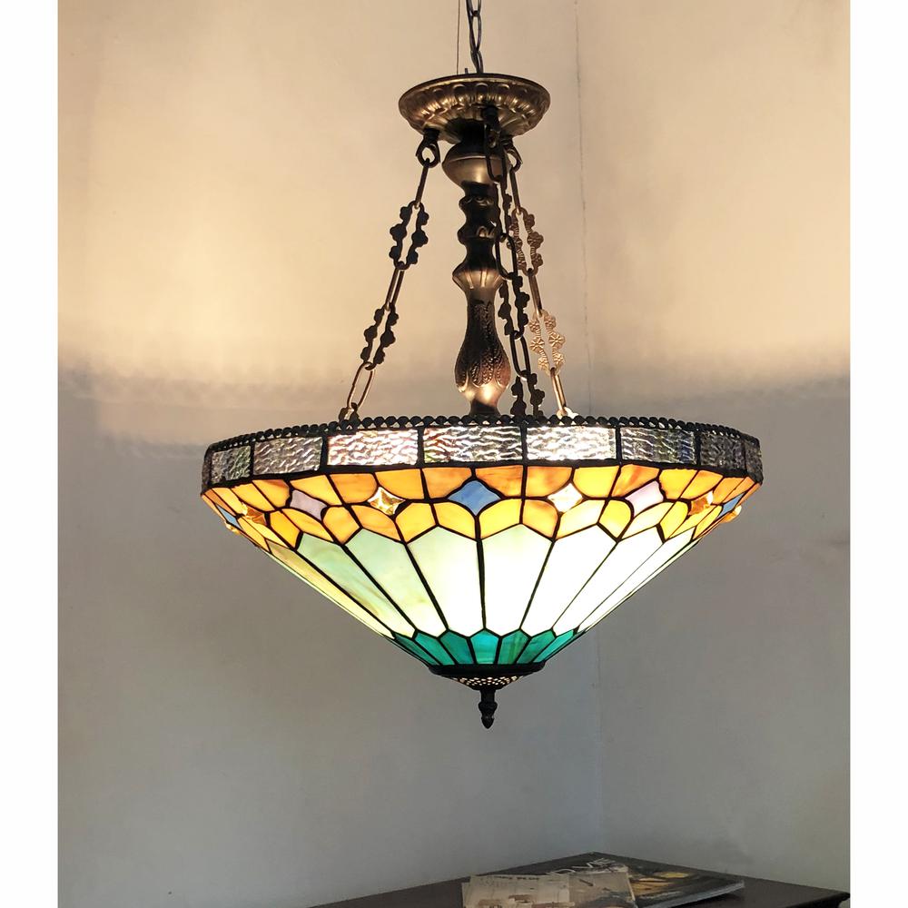 CHLOE Lighting NICHOLAS Tiffany-Style Mission Stained Glass Inverted Ceiling Pendant 18" Height. Picture 3
