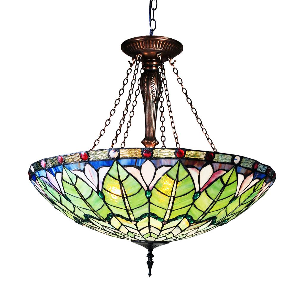 CHLOE Lighting LOTUS Tiffany-Style Geometric Stained Glass Inverted Ceiling Pendant 28" Width. Picture 1