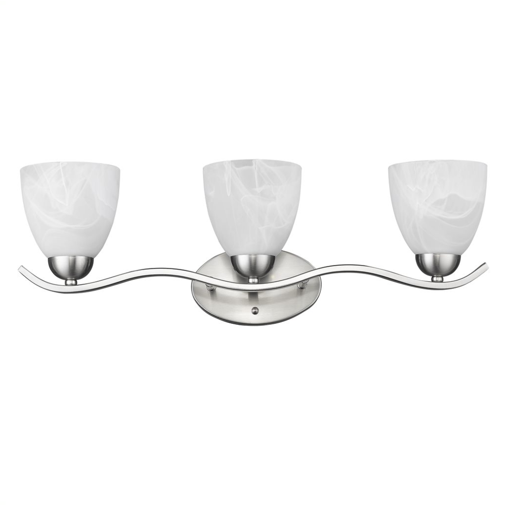 UNDINE Transitional 3 Light Brushed Nickel Bath Vanity Wall Fixture White Alabaster Glass 24" Wide. Picture 1