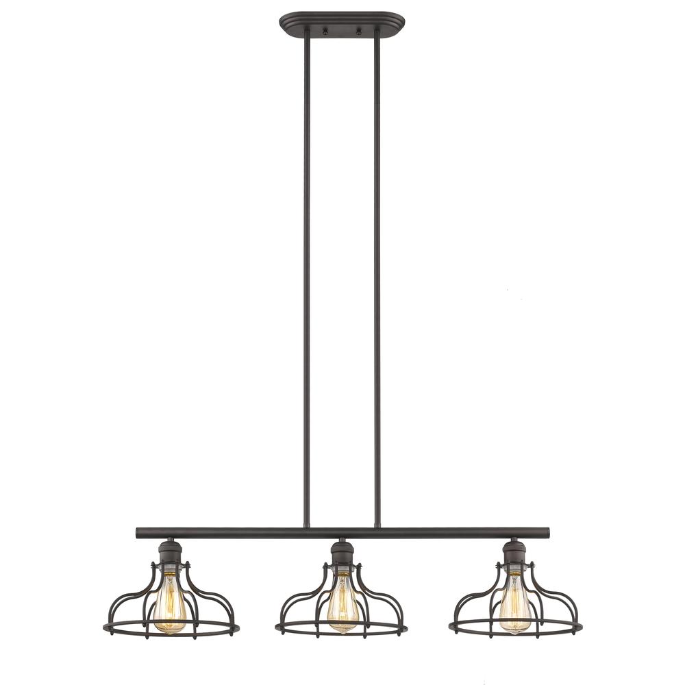 JAXON Industrial-style 3 Light Rubbed Bronze Island Hanging Fixture 37" Wide. Picture 1