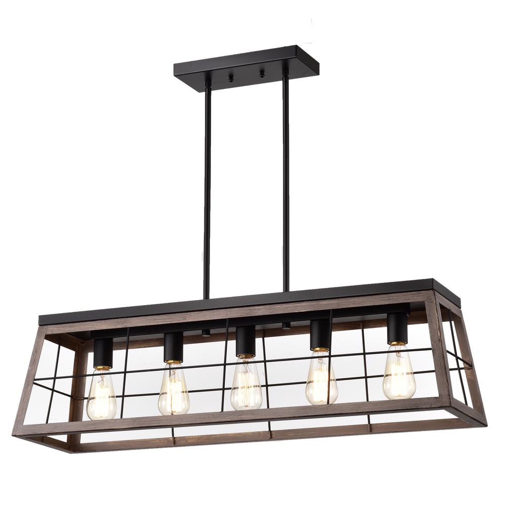 CHLOE Lighting IRONCLAD Industrial 5 Light Ancient Wood Island Pendant Ceiling Fixture 35" Wide. Picture 1