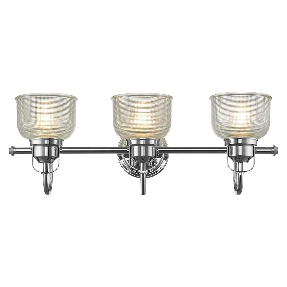 LUCIE Industrial-style 3 Light Chrome Finish Bath Vanity Wall Fixture Clear Prismatic Glass 25" Wide. Picture 1