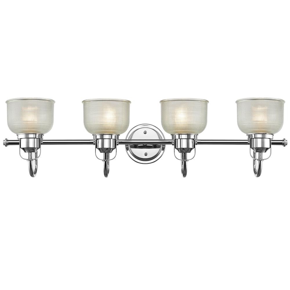 LUCIE Industrial-style 4 Light Chrome Finish Bath Vanity Wall Fixture Clear Prismatic Glass 34" Wide. The main picture.