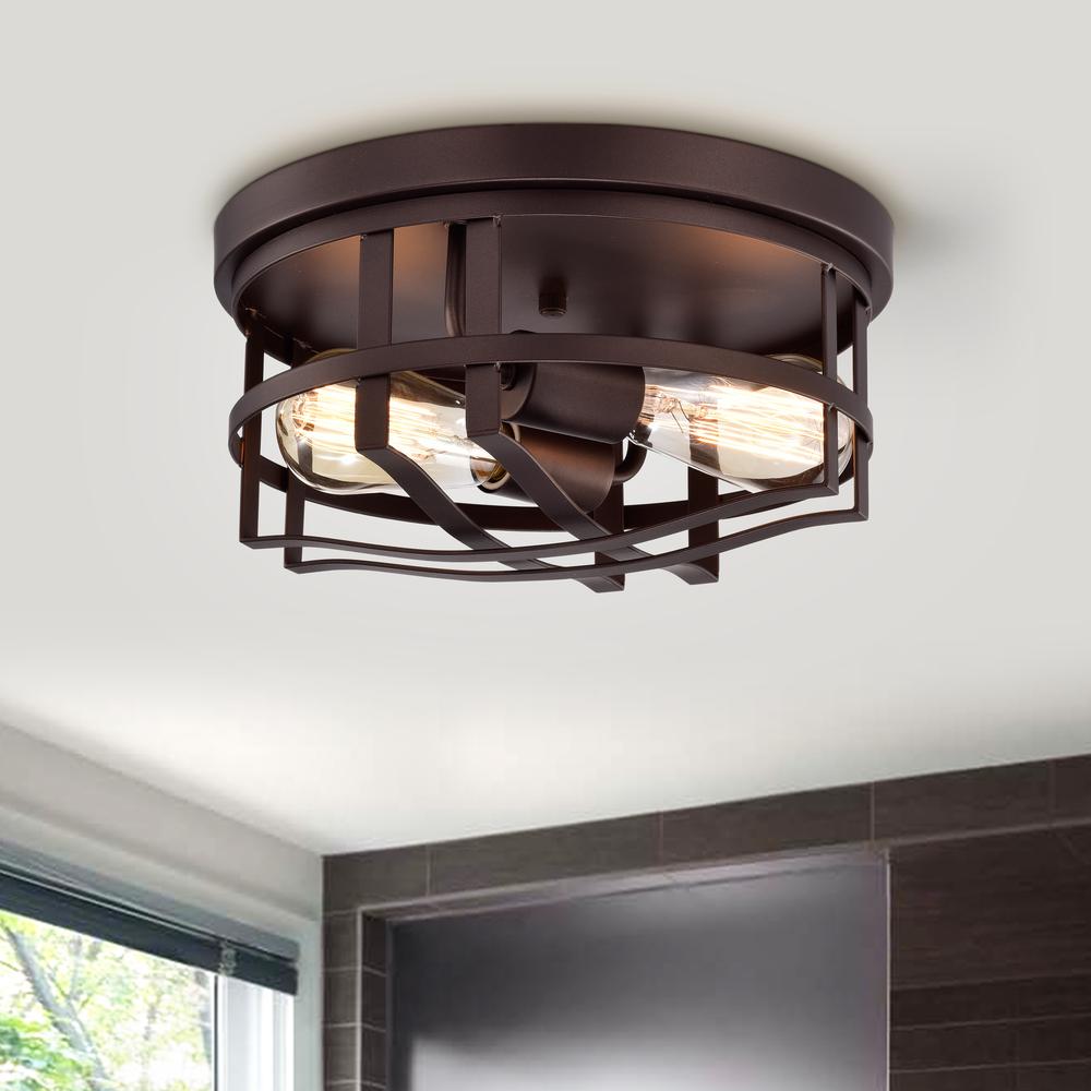 CHLOE Lighting IRONCLAD Industrial 2 Light Oil Rubbed Bronze Ceiling Flush Fixture 12" Wide. Picture 8