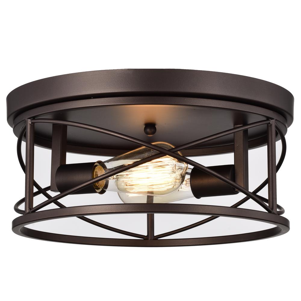CHLOE Lighting IRONCLAD Industrial 2 Light Oil Rubbed Bronze Ceiling Flush Fixture 14" Wide. Picture 1