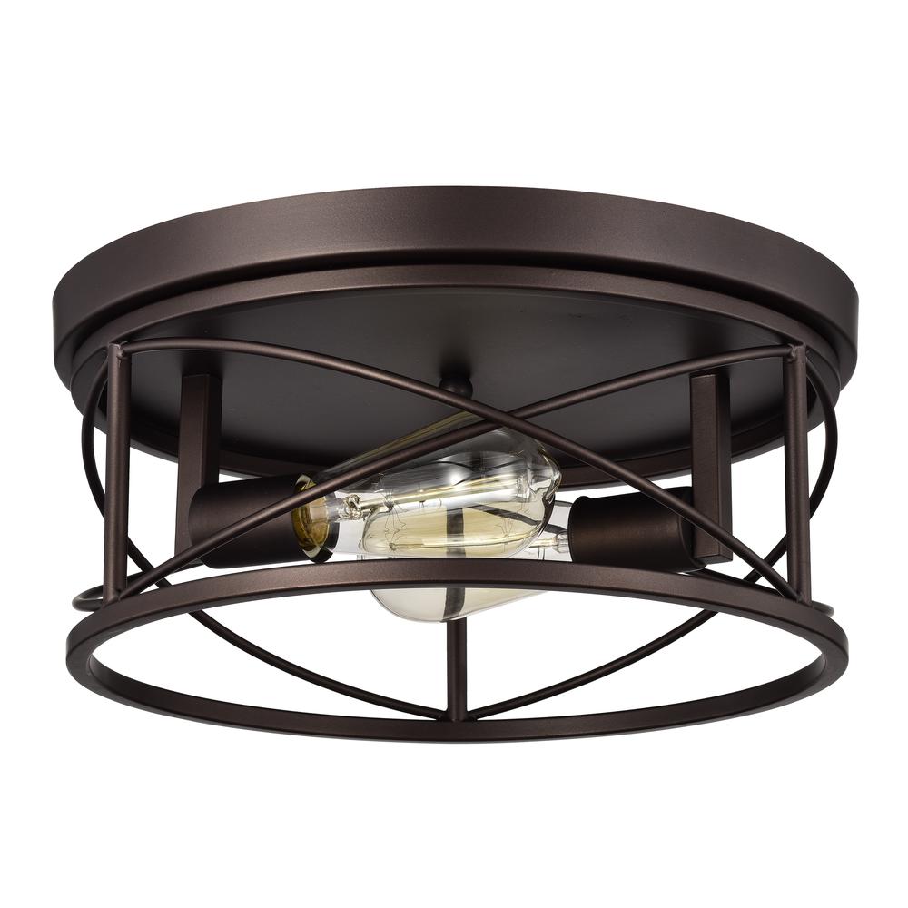 CHLOE Lighting IRONCLAD Industrial 2 Light Oil Rubbed Bronze Ceiling Flush Fixture 14" Wide. Picture 2