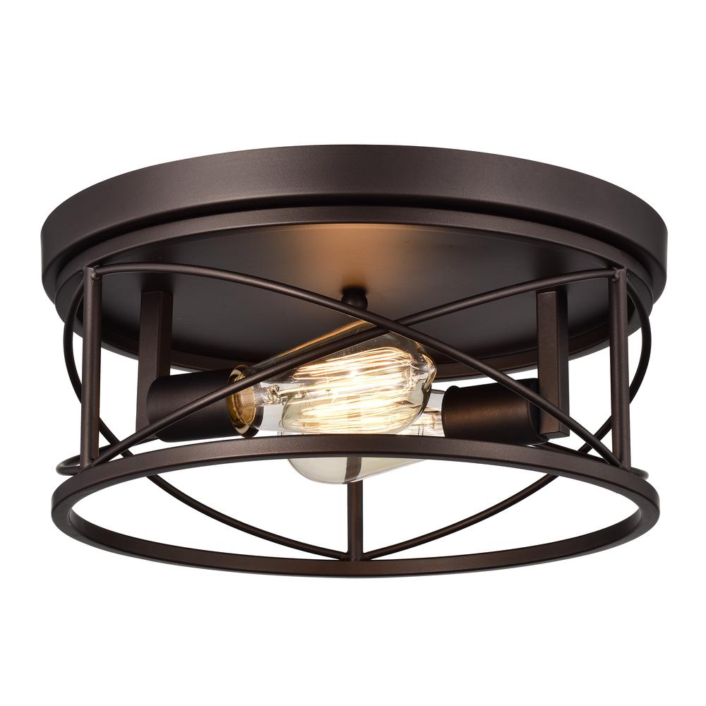 CHLOE Lighting IRONCLAD Industrial 2 Light Oil Rubbed Bronze Ceiling Flush Fixture 14" Wide. Picture 5