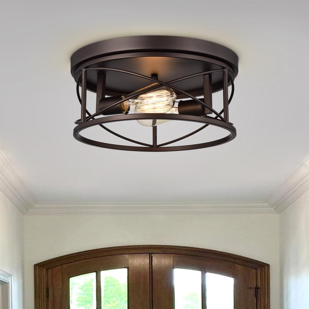 CHLOE Lighting IRONCLAD Industrial 2 Light Oil Rubbed Bronze Ceiling Flush Fixture 14" Wide. Picture 8