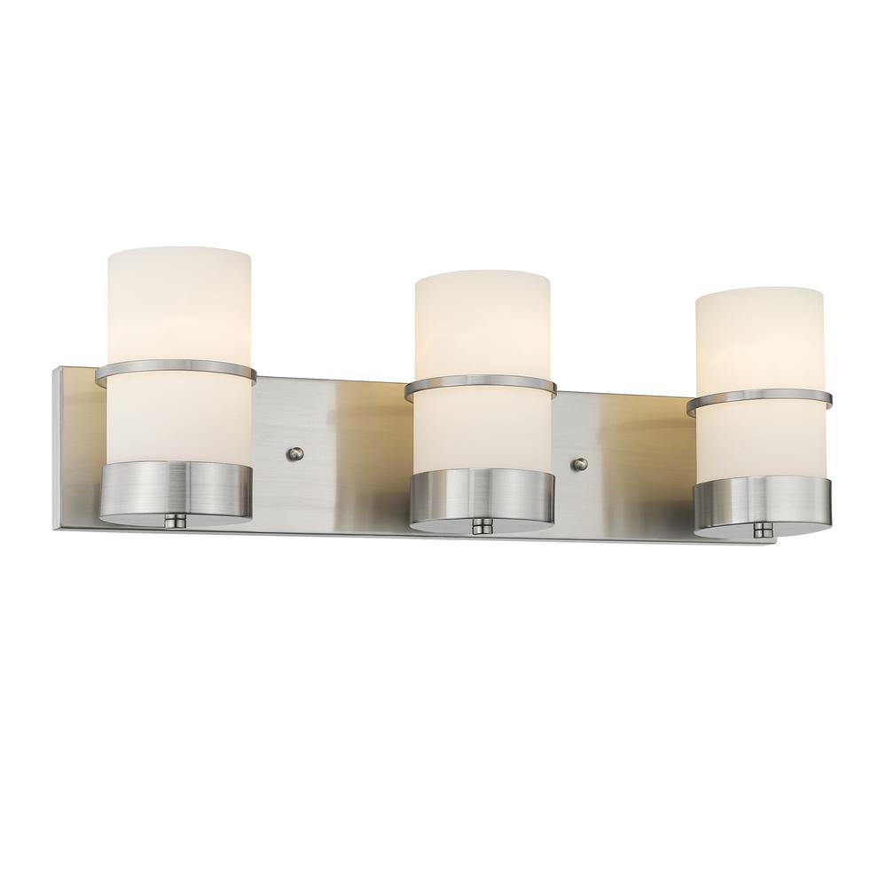 PENELOPE Contemporary 3 Light Brushed Nickel Bath Vanity Light Etched White Glass 23" Wide. Picture 1