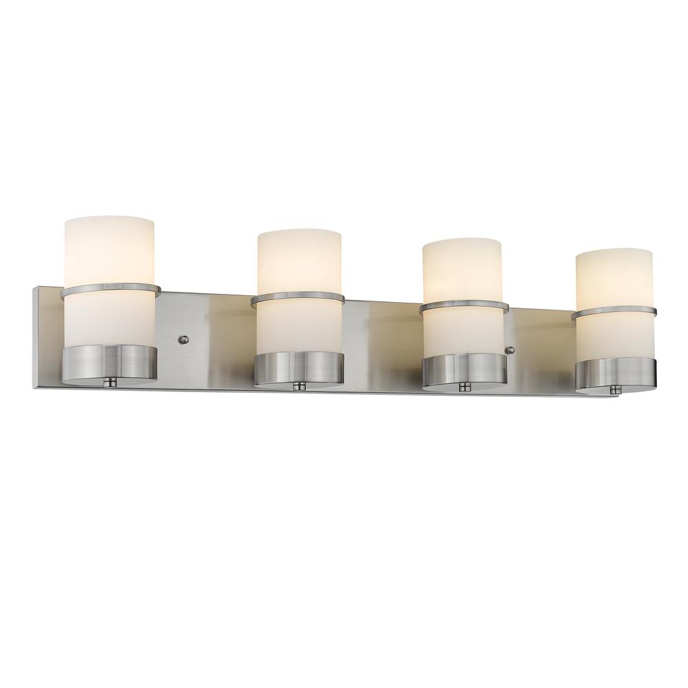 PENELOPE Contemporary 4 Light Brushed Nickel Bath Vanity Light Etched White Glass 32" Wide. Picture 1