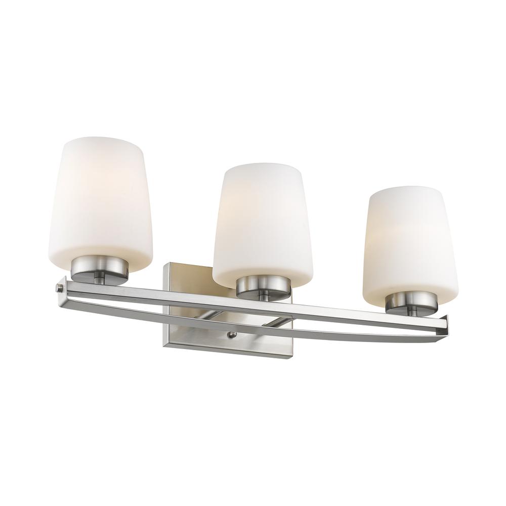 OLIVIA Contemporary 3 Light Brushed Nickel Bath Vanity Light Etched White Glass 23" Wide. Picture 1
