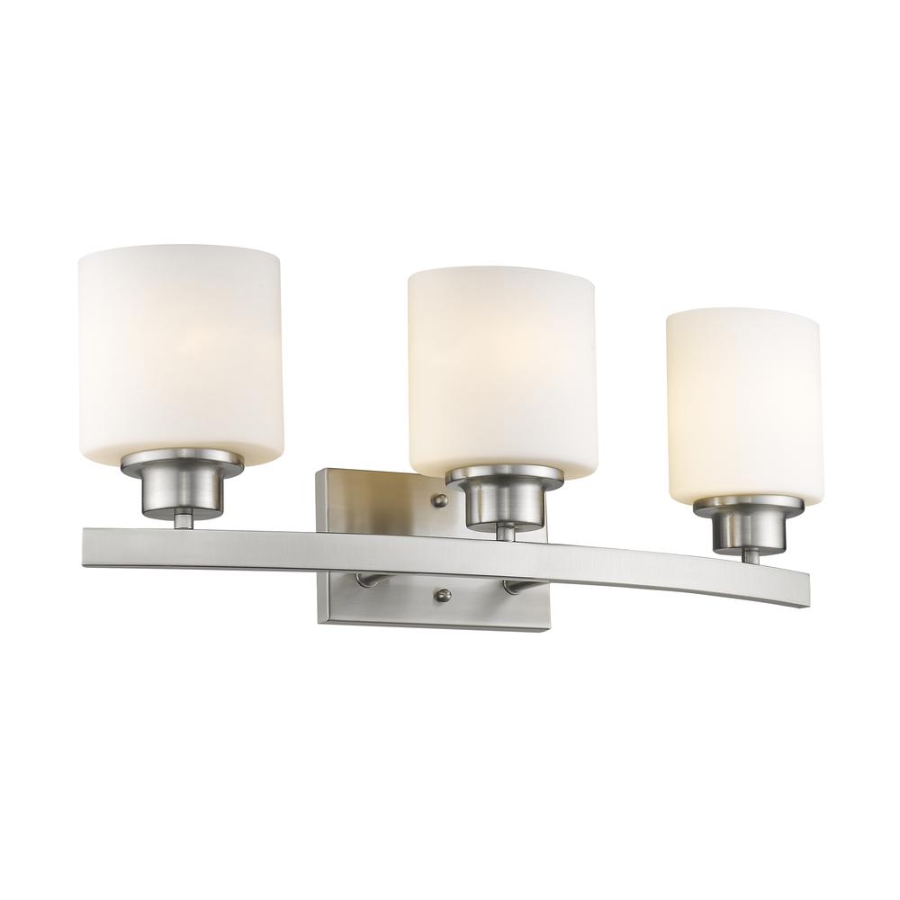 AALIYAH Contemporary 3 Light Brushed Nickel Bath Vanity Light Opal White Glass 23" Wide. Picture 1