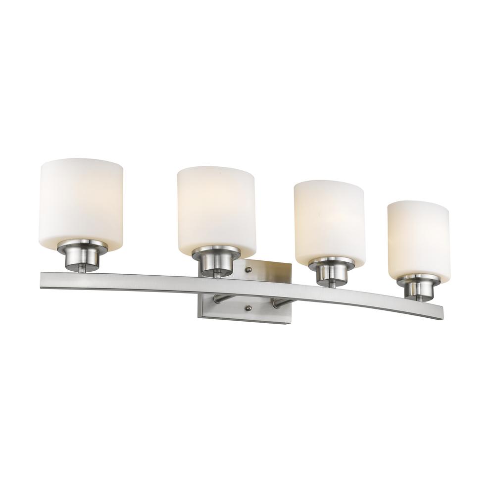 AALIYAH Contemporary 4 Light Brushed Nickel Bath Vanity Light Opal White Glass 32" Wide. Picture 1
