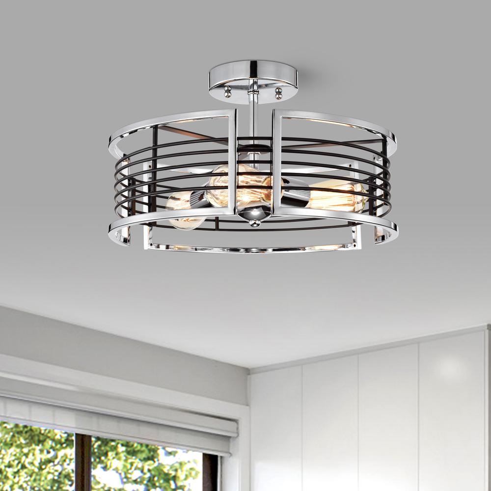 CHLOE Lighting IRONCLAD Industrial 3 Light Chrome Semi-Flush Ceiling Fixture 15" Wide. Picture 6