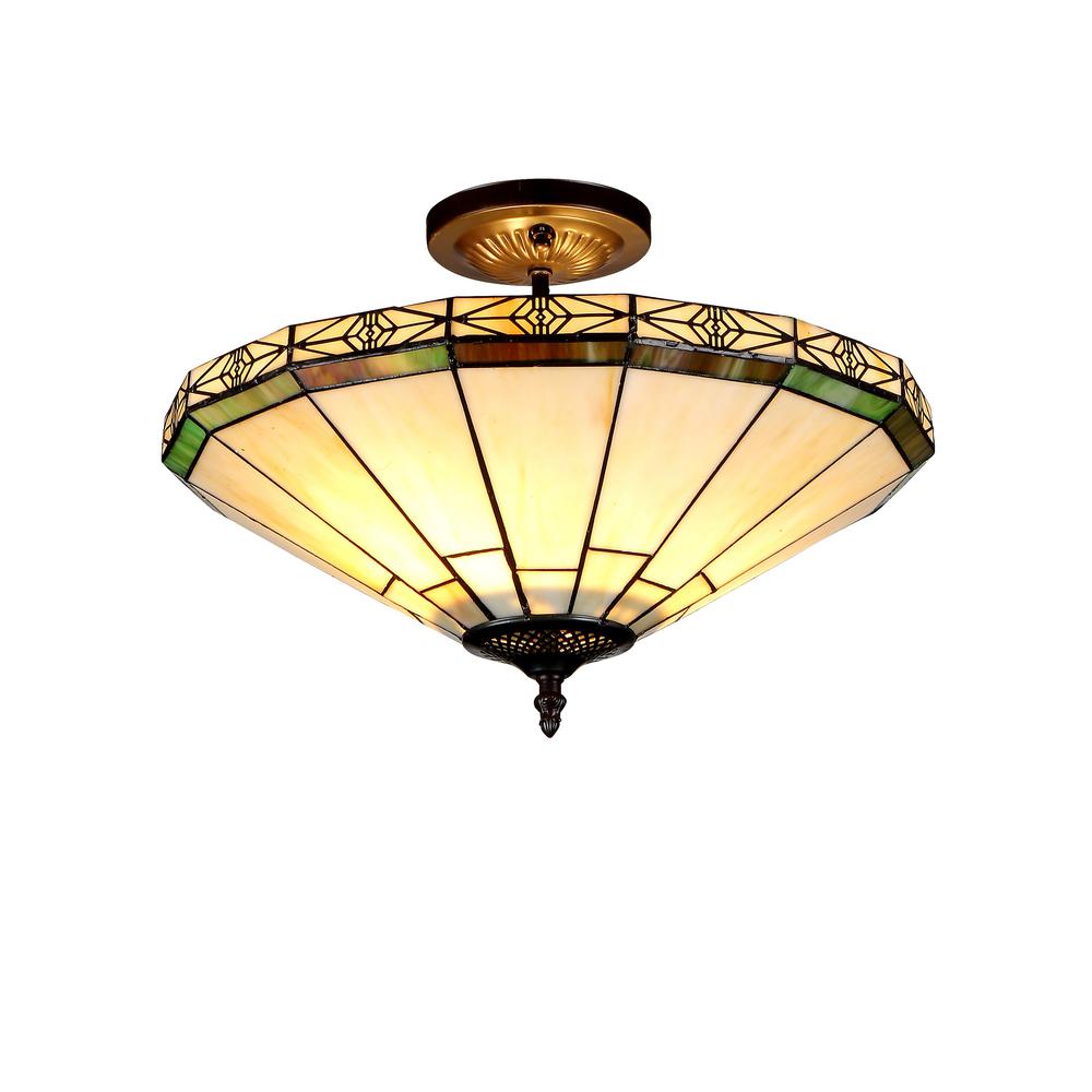 BELLE Tiffany-style 2 Light Mission Semi-flush Ceiling Fixture 16" Shade. The main picture.