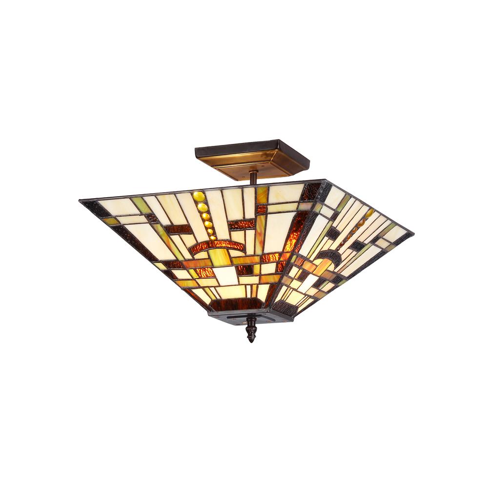 FARLEY Tiffany-style Mission 2 Light Semi-flush Ceiling Fixture 14" Shade. Picture 1