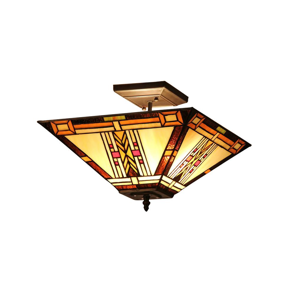 GODE Tiffany-style 2 Light Mission Semi-flush Ceiling Fixture 14" Shade. The main picture.